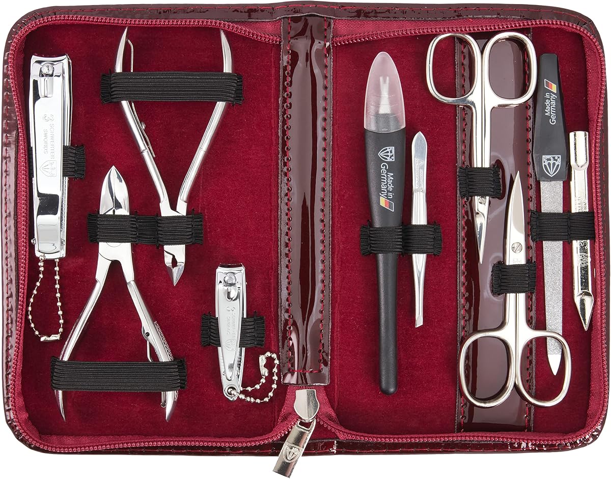 Juego de 10 piezas de manicura y pedicura de calidad de marca para el cuidado profesional de las uñas de los dedos y los pies, tijeras, cortapelos, estuche de cuero de moda en caja de regalo, hecho por 3 Swords (6226)