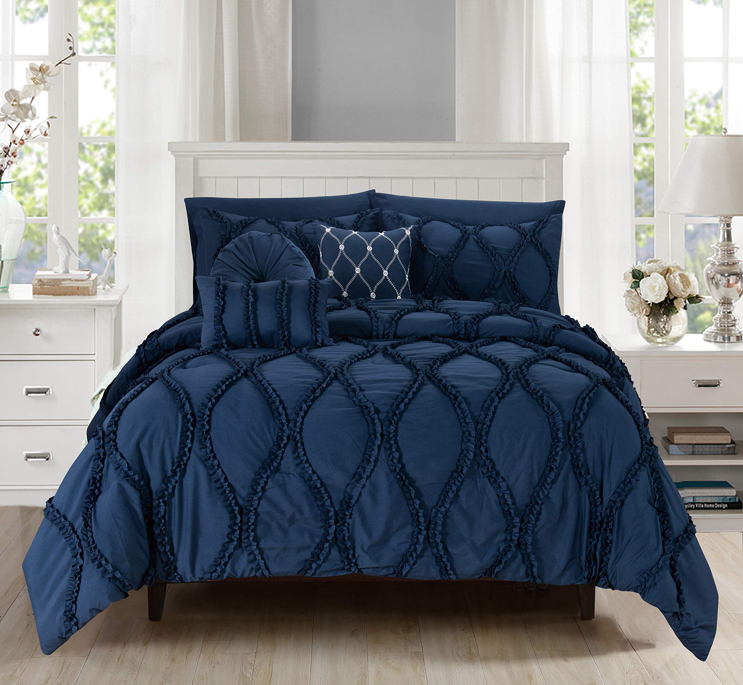 Elegant Comfort 10pc Bed-in-a-Bag Infinity Design Comforter Set, Ultra Soft Bed Set Featuring Decorative Pillows and Fitted Sheet with Storage Pockets, Infinity Comforter, King, Midnight Navy