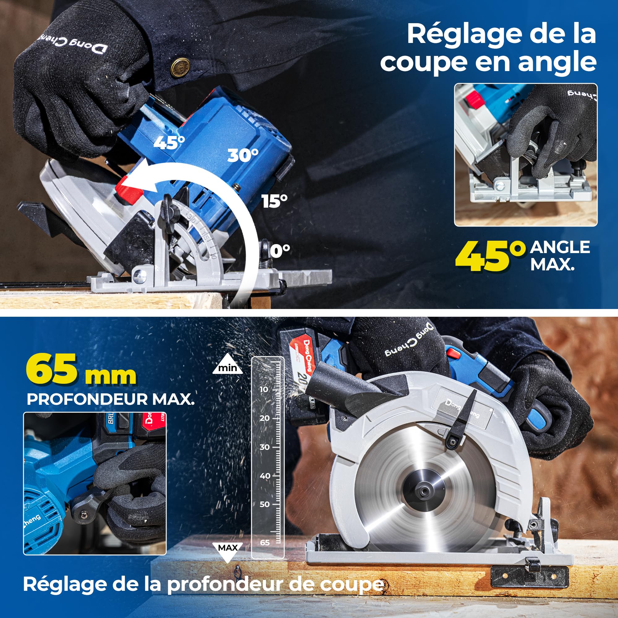 Dong Cheng Scie Circulaire Sans Fil Ø185 mm, 5000 RPM, Profondeur Coupe 65(90°)/45mm(45°), Avec 3 lame de scie Ø 185 x Ø 20 mm et Rail Guide, pour Bois, Carrelage, Métal Mou