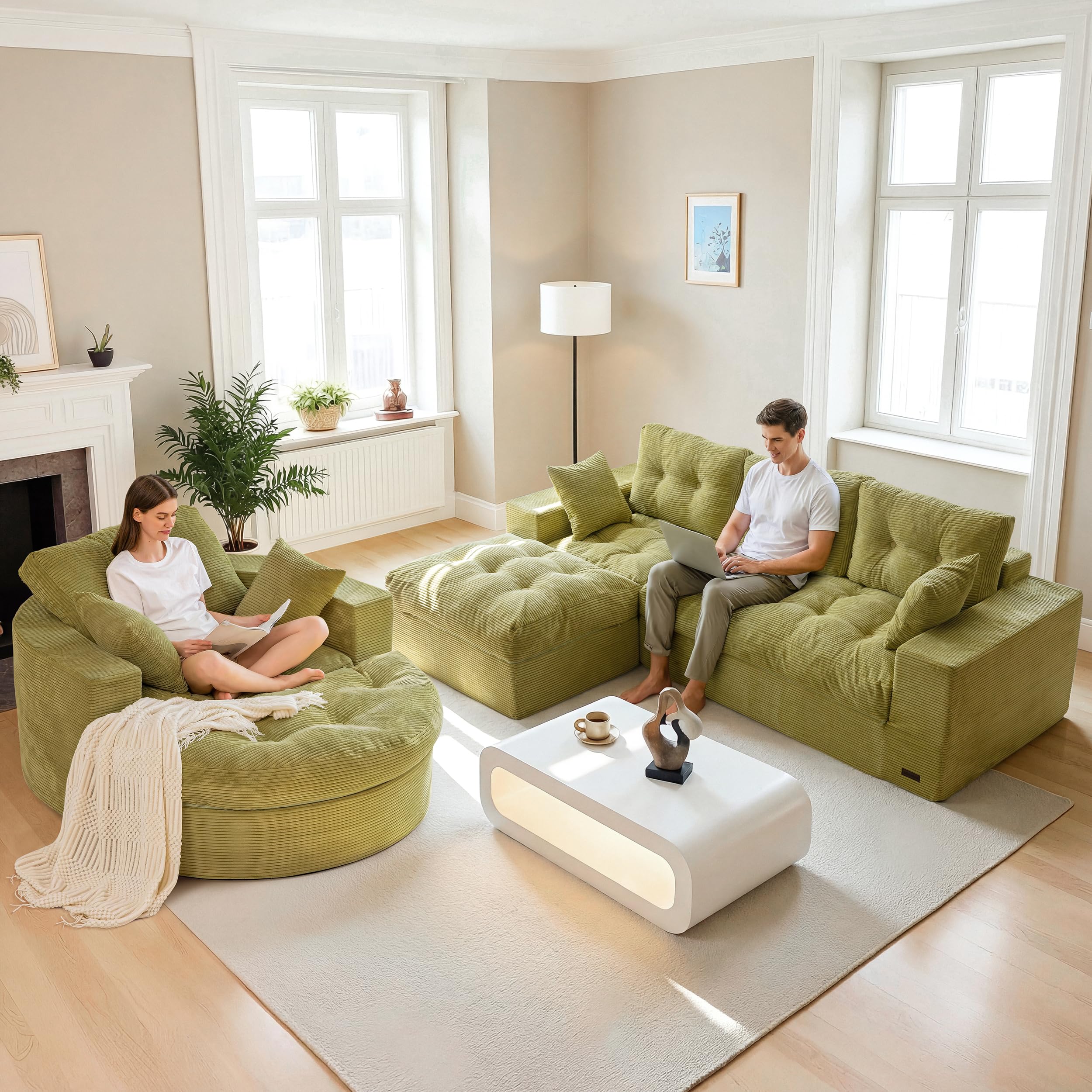 MAXYOYO L Shape Sectional Sofa Couch and Round Chaise Lounge, Modern Cloud Couch with Ottoman, Comfy Sofa with Layered Cushion, Tufted Upholstered Chair for Living Room, No Assembly Required