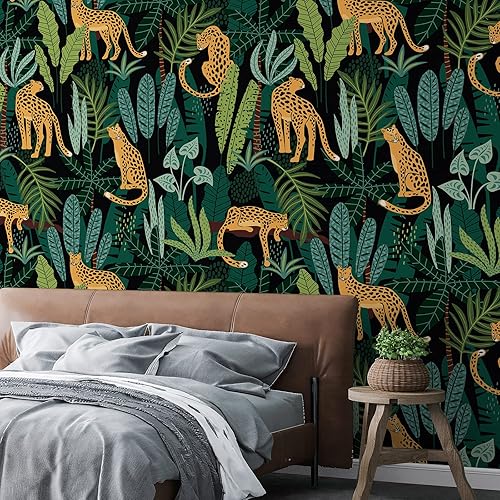 Miniatura 2 de Papel tapiz de vinilo autoadhesivo de 17.7 x 236 pulgadas, diseño de animales tropicales de selva tropical, impermeable, papel de contacto con hojas