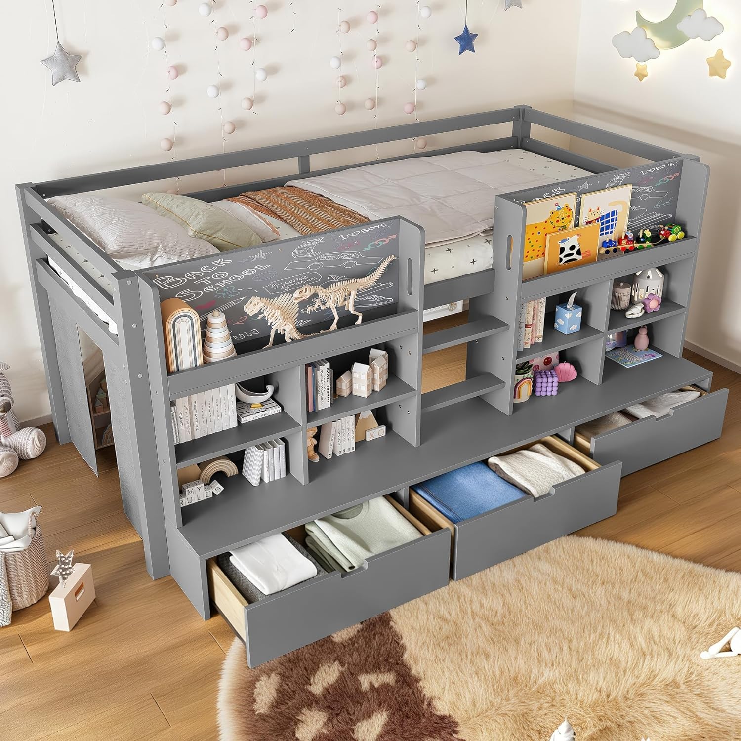 Twin XL Size Loft Bed with Multi-Storage Shelves and Storage Drawers, Solid Wood Low Loft Bed with Curtain Under The Bed and Chalkboard for Kids Teens Boys Girls (Gray-1.31, Twin XL)