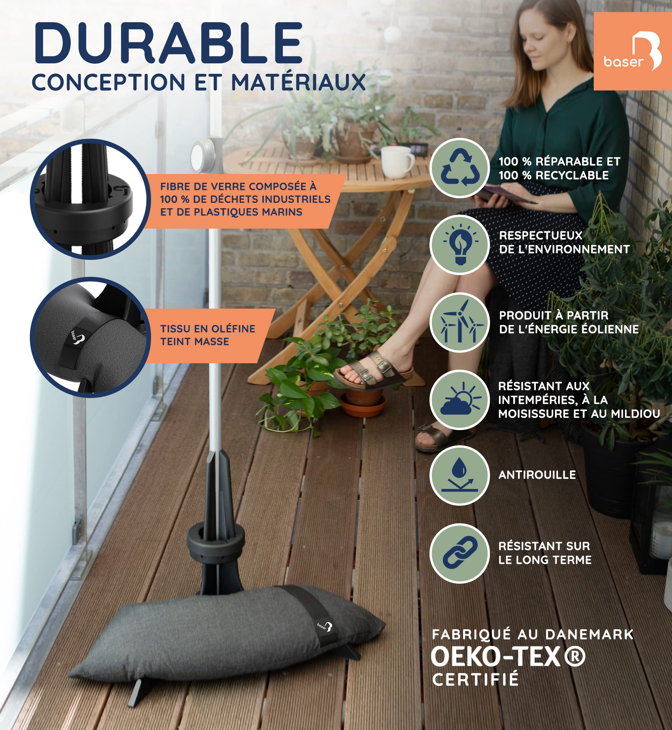 Baser Pied de Parasol Balcon avec Sacs de Sable, Base pour Parasol de Jardin Exterieur Gain de Place, Support Lestés pour Mât 20-40mm, Gris