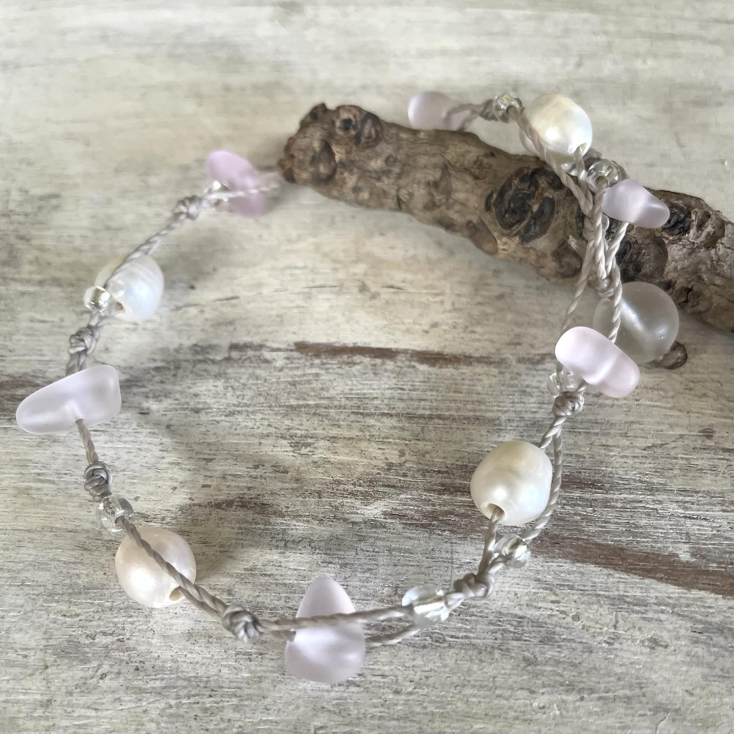 Beach Soul Freshwater Pearl and Pink Sea Glass Beachy Bracelet or Ankle Wrap, Casual Island Jewelry, Handmade in the Caribbean