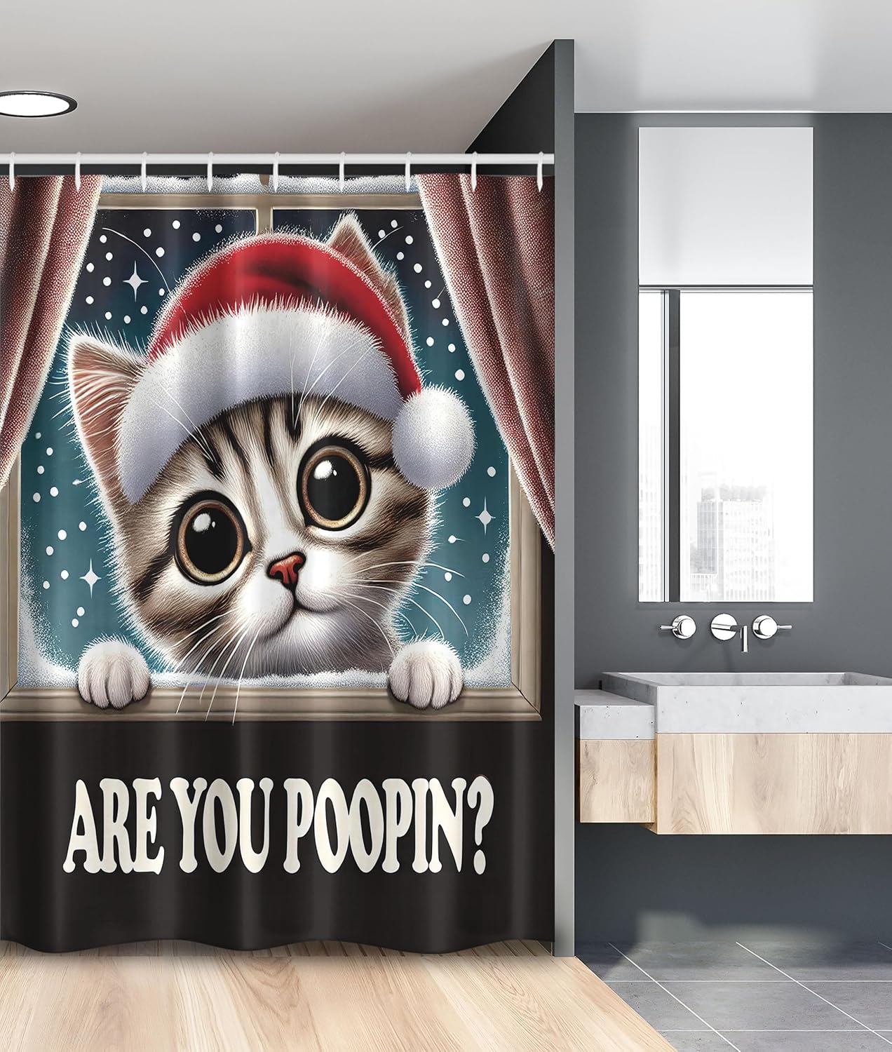 Ambesonne Christmas Stall Shower Curtain, Funny Kitten with Santa Hat Asking are You Pooping Snowing Window, Fabric Bathroom Decor Set with Hooks, 54" W x 78" L, Red Pale Sepia and Teal