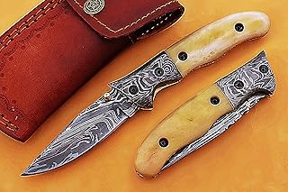 SMART & SHARP Damascus Steel Folding Knife/Pocket Knife SS-17355 Liner Lock (Natural Bone) (Bone)