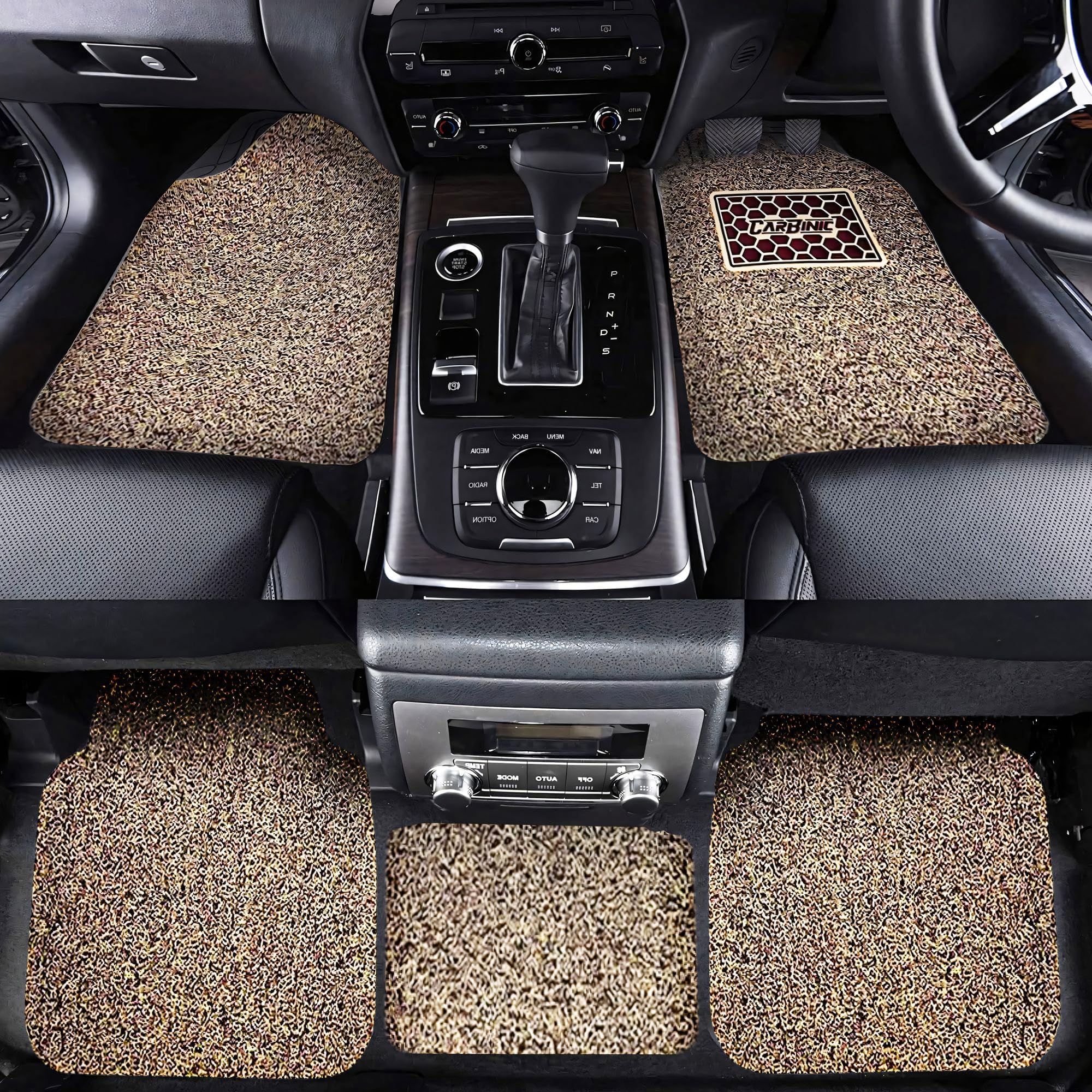CARBINIC Anti-Skid Mats - Universal Fit for All Cars - Curly/Noodle Floor Mat, All Weather PVC, Premium Vinyl Rubber - Set of 5 - Beige Brown