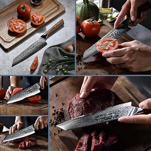 Vista 2 de Cuchillo de chef de 8 pulgadas Damasco Japón VG-10 de acero inoxidable súper profesional de alto carbono súper afilado para cocina, mango ergonómico