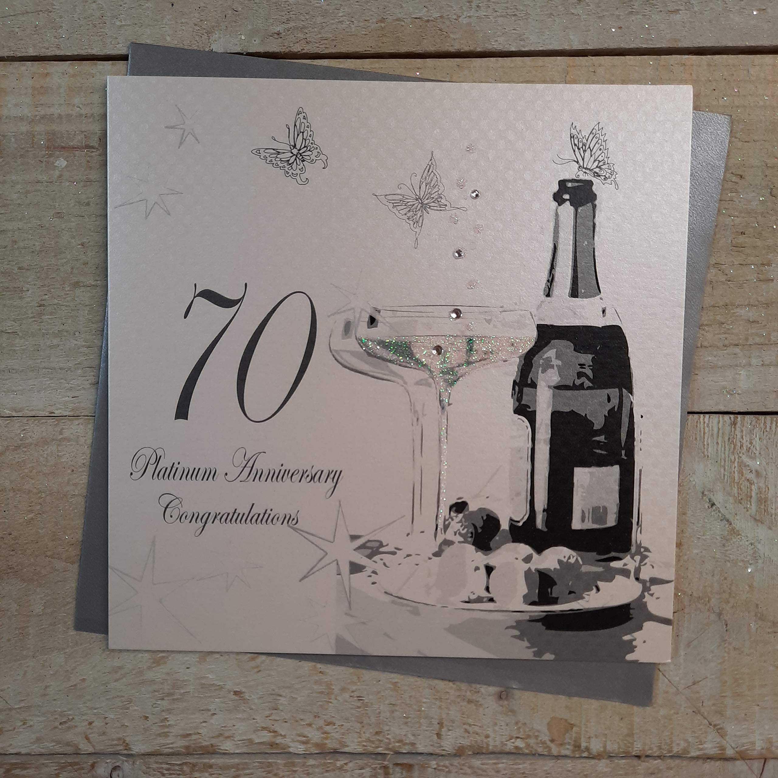 WHITE COTTON CARDS 70 Platinum Congratulations, Handmade 70th Anniversary Card (Champagne & Chocolates)