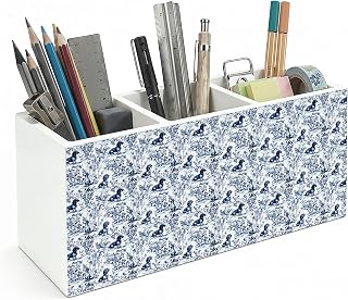 Blue Chinoiserie Dachshund Wooden Pencil Pen Holder for Desk Organizers and Accessories, Grandmillennial Sausage Weiner Dog Makeup Brush Holder Organizer for Bathroom Vanity