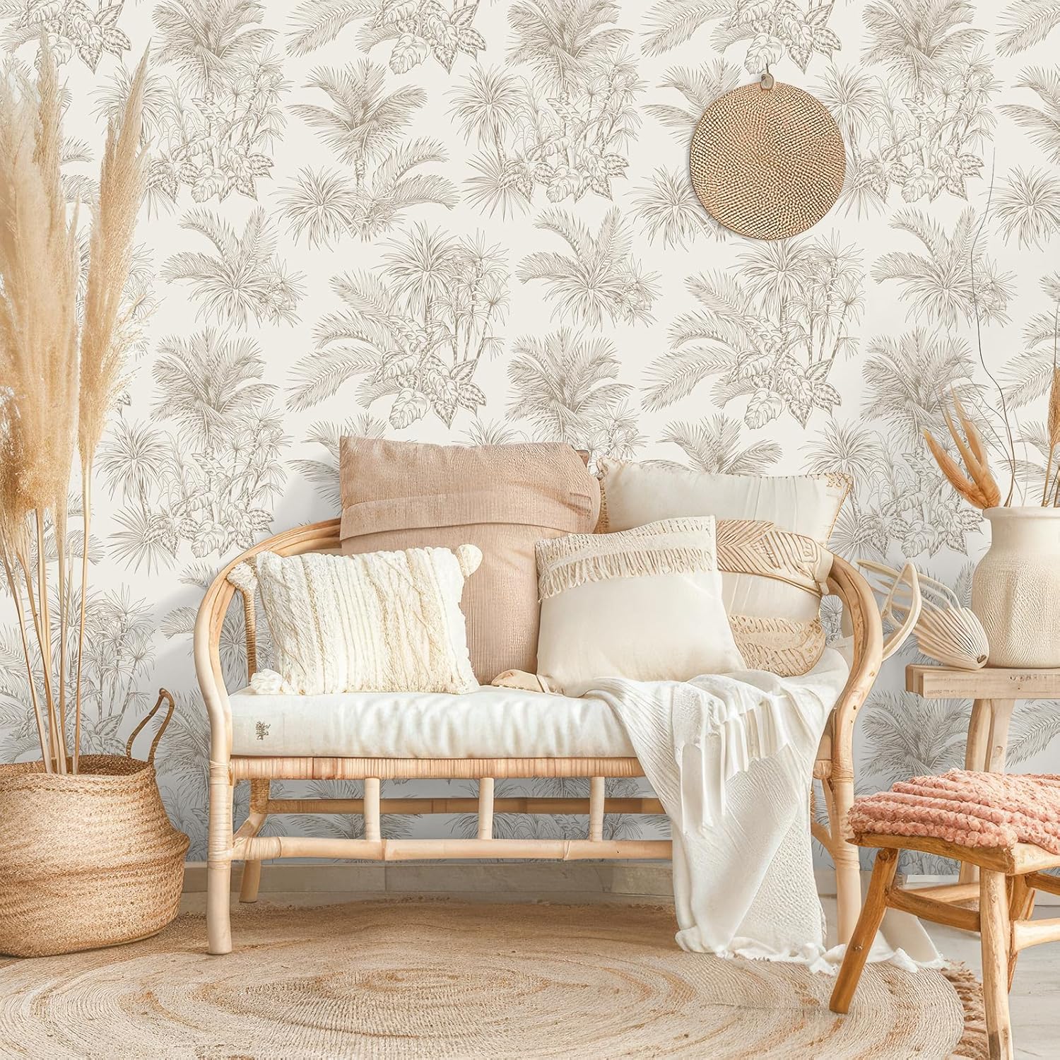 VEELIKE Beige Tropical Wallpaper Peel and Stick Boho Sketch Palm Leaf Wallpaper for Bedroom Bathroom 17.7''x118'' Removable Self Adhesive Tropical Wall Mural Contact Paper for Cabinets Shelves Walls