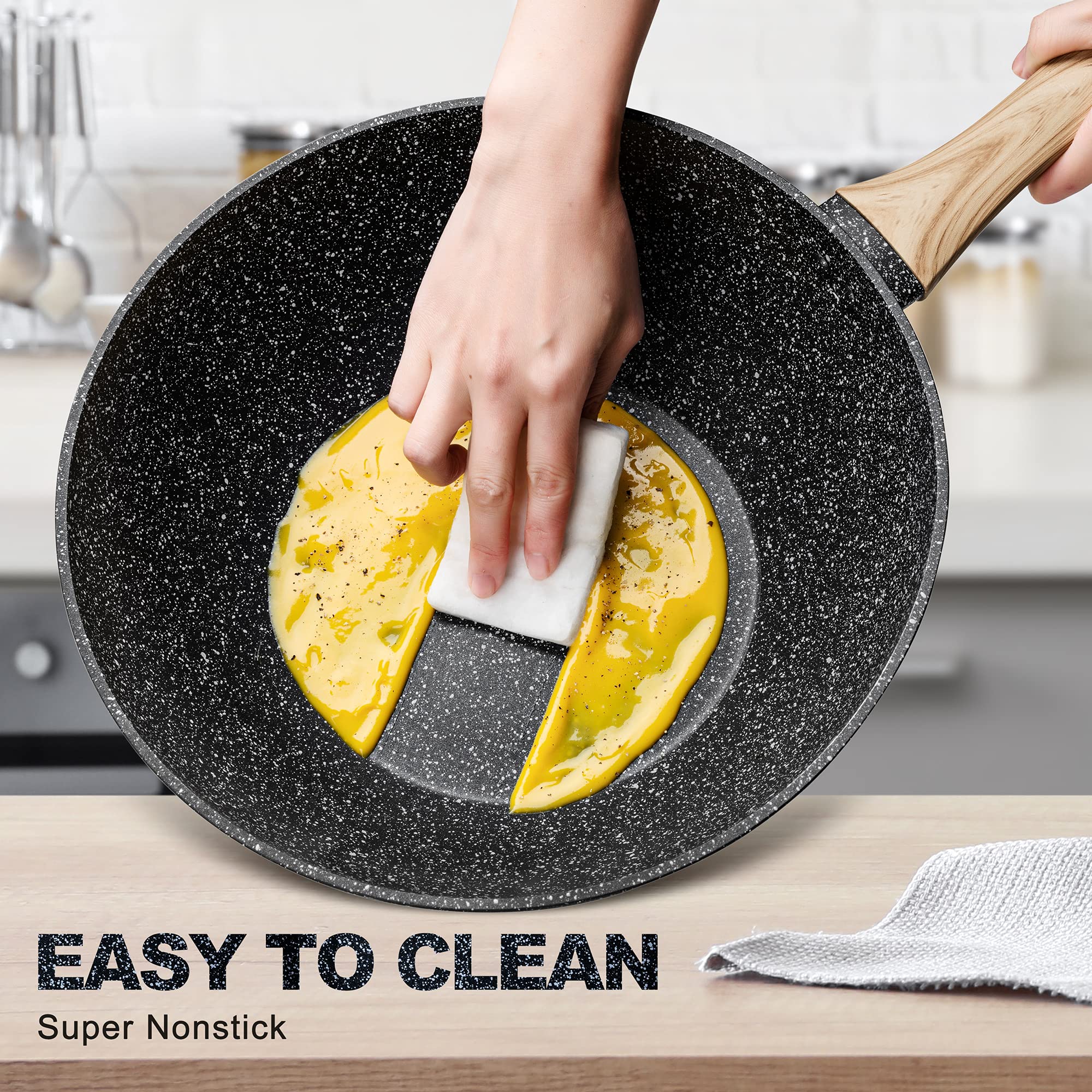 MICHELANGELO Wok 28 cm, nieprzywierający wok z pokrywką, woki 28 cm z koszem do smażenia i zestawem do gotowania na parze, głęboka patelnia, woki i patelnie do smażenia