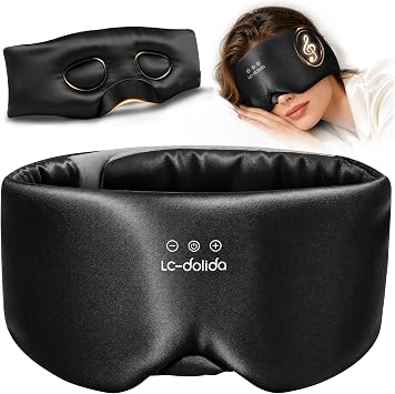 LC-dolida 3D Silk Bluetooth Sleep Mask, Mulberry Silk Sleep Mask with Bluetooth Headphones, Bluetooth Eye Sleep Mask for Side Sleepers, Total Blackout Bluetooth Eye Mask for Women Men, Black