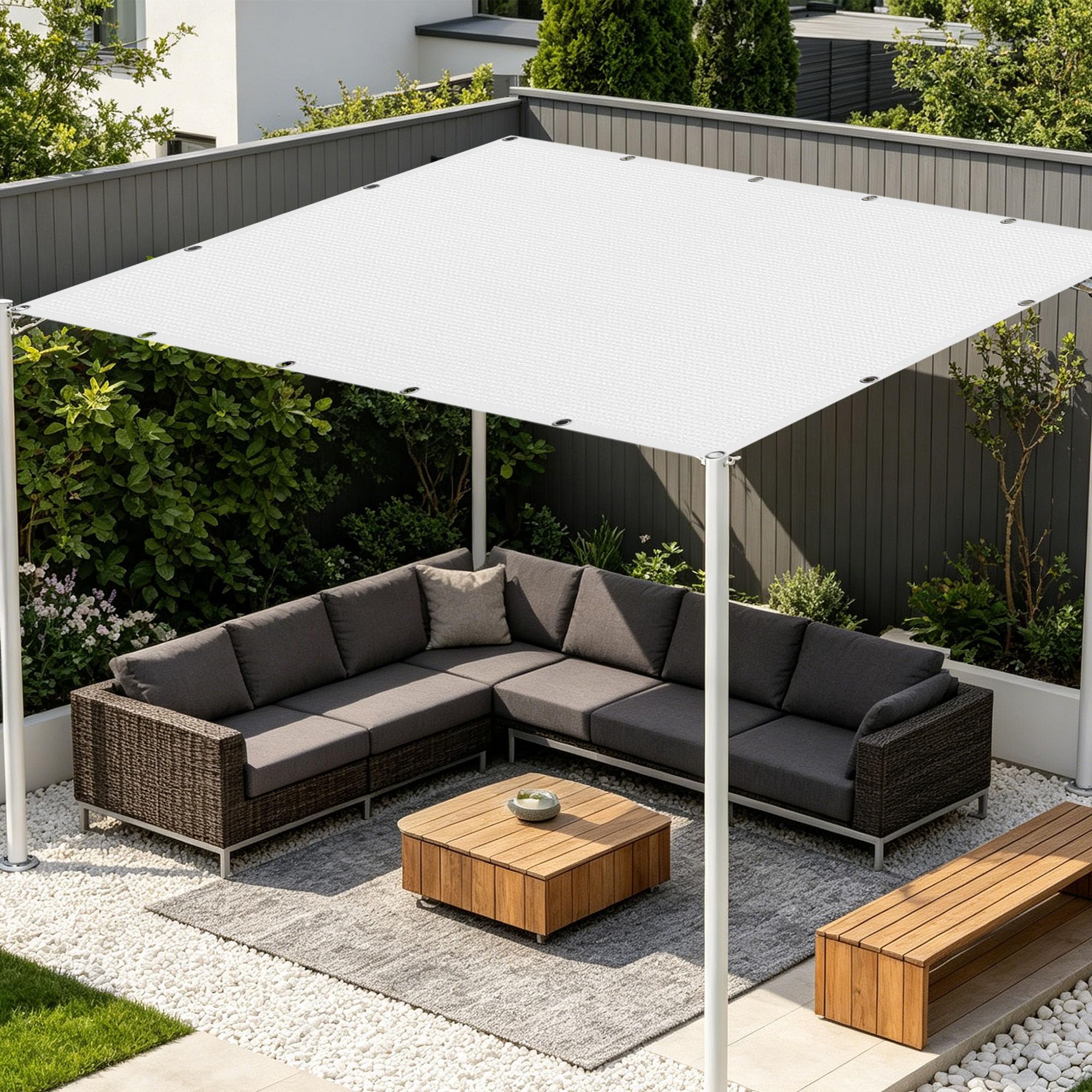 Voile d'ombrage 6x10m blanche perméable avec œillets pour pergola et jardin