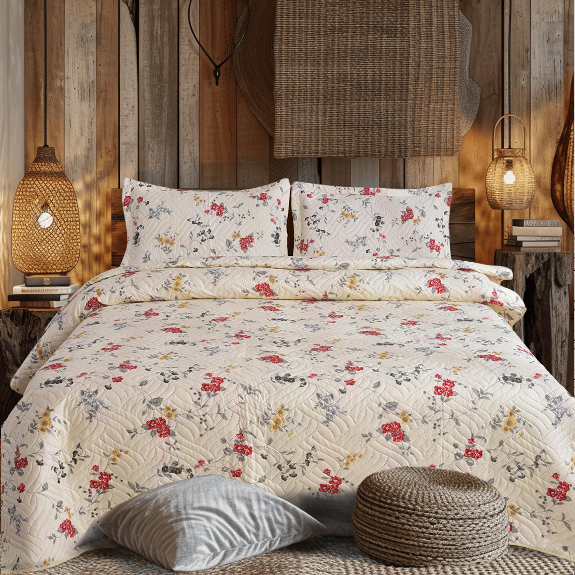 3Pcs Patchwork Quilted Bedspreads with 2 Shams | Reversible Floral Print | Lightweight Quilt Comfort | Fits Double and King Size Beds 220x240cm | 30 Unique Designs (MILAN-106)