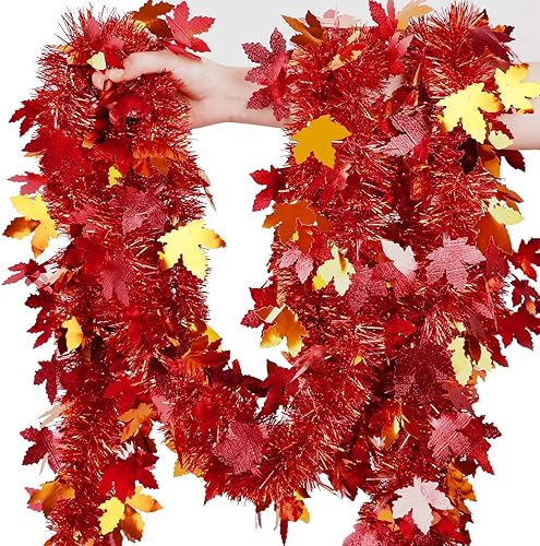 Miniatura 15 de FOIMAS Guirnalda de Navidad de oropel de 33 pies, guirnalda de Navidad metálica roja y verde con guirnalda colgante de copo de nieve para árbol de