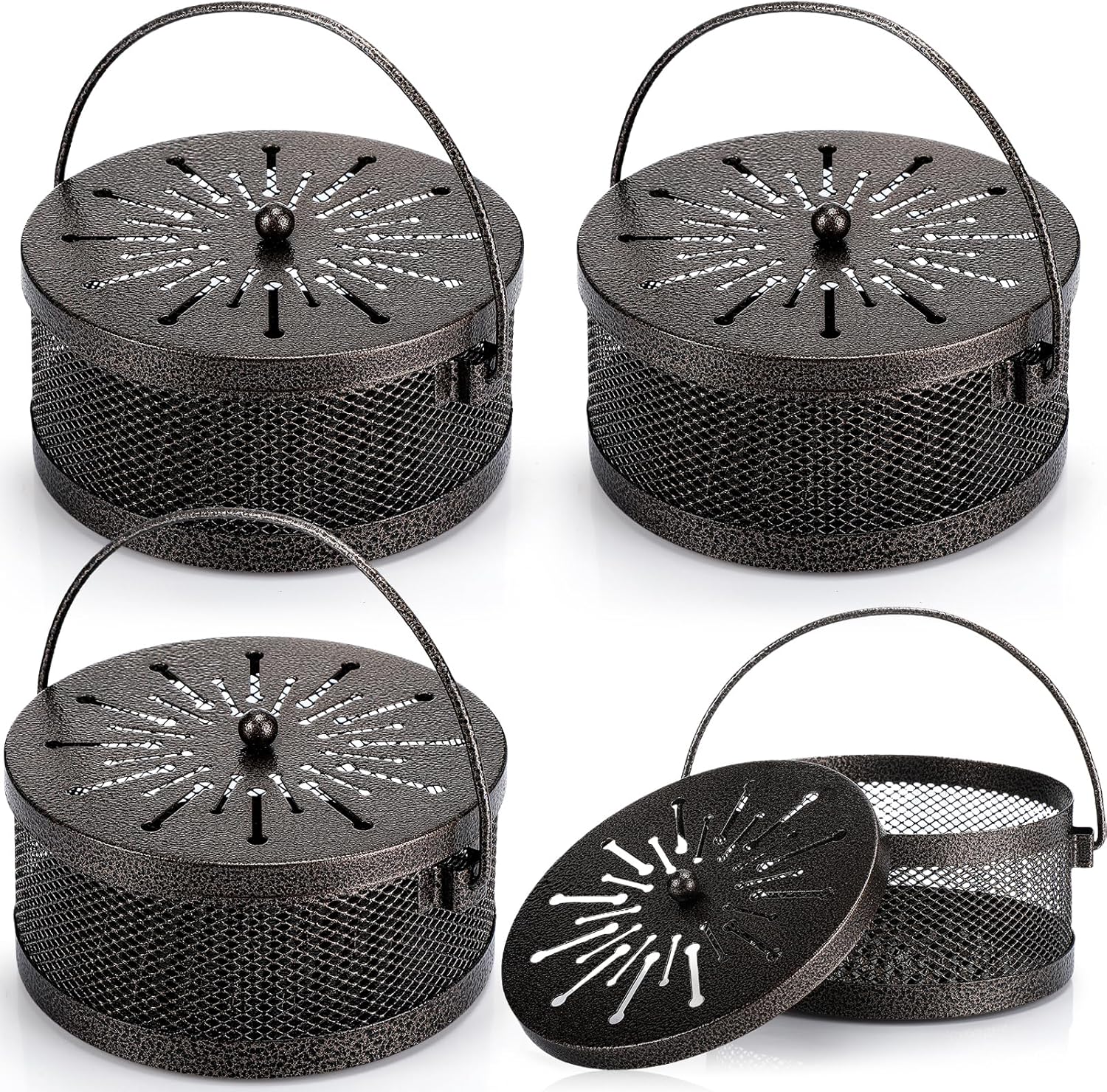 Lallisa 4 Pieces Mosquito Coil Holder Incense Coil Holder Round Retro Portable Metal Hanging Incense Burner with Handle for Home Camping Indoor Outdoor Patio(Bronze)