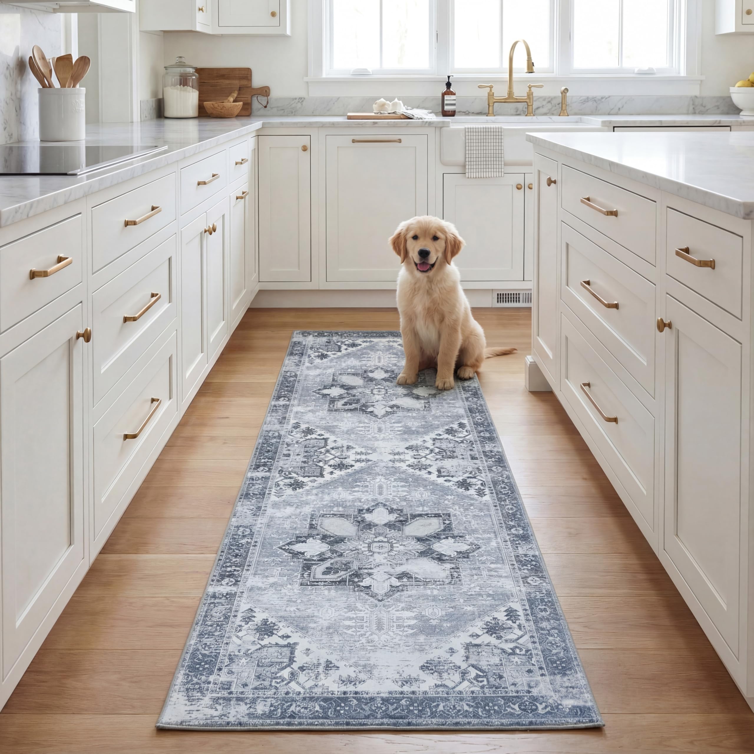 SAFAVIEH Washable Rug Tucson Collection - 2'6" x 8' Runner, Grey, Slip Resistant & Easy to Clean, Ideal for Hallway, Foyer, Entryway, Bedroom (TSN102J
