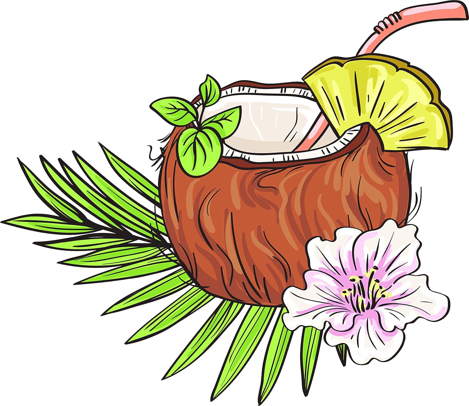 Amazon かわいいシンプルトロピカルココナッツカクテル 花 葉 パイナップル手描きイラストビニールステッカー All Sizes ステッカー デカール 車 バイク
