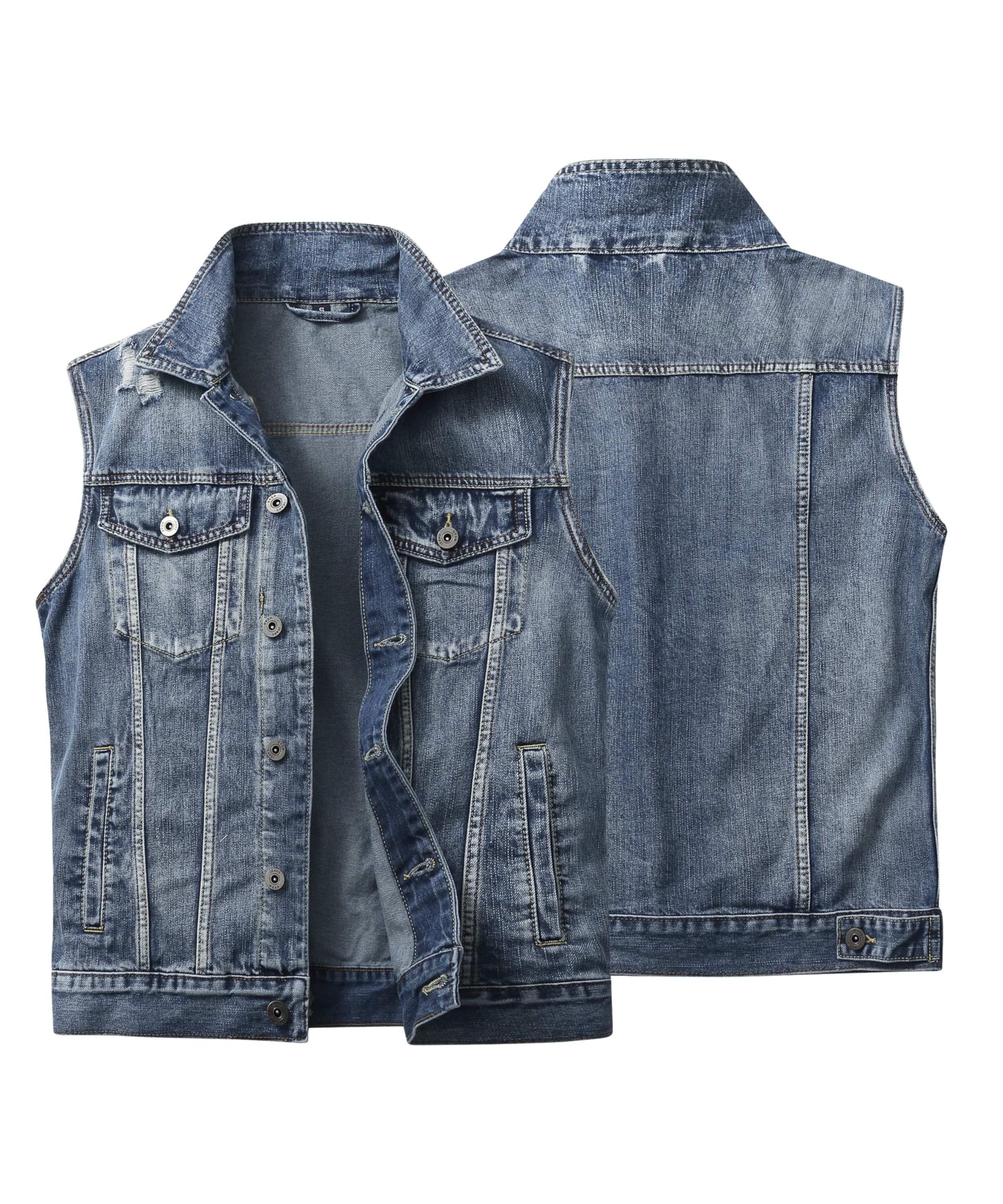 Chaleco de Denim para Hombre Clásico Rasgado de Algodón Chaleco Sin Manga Vintage Jeans Chaqueta con Botones Moto Multibolsillos