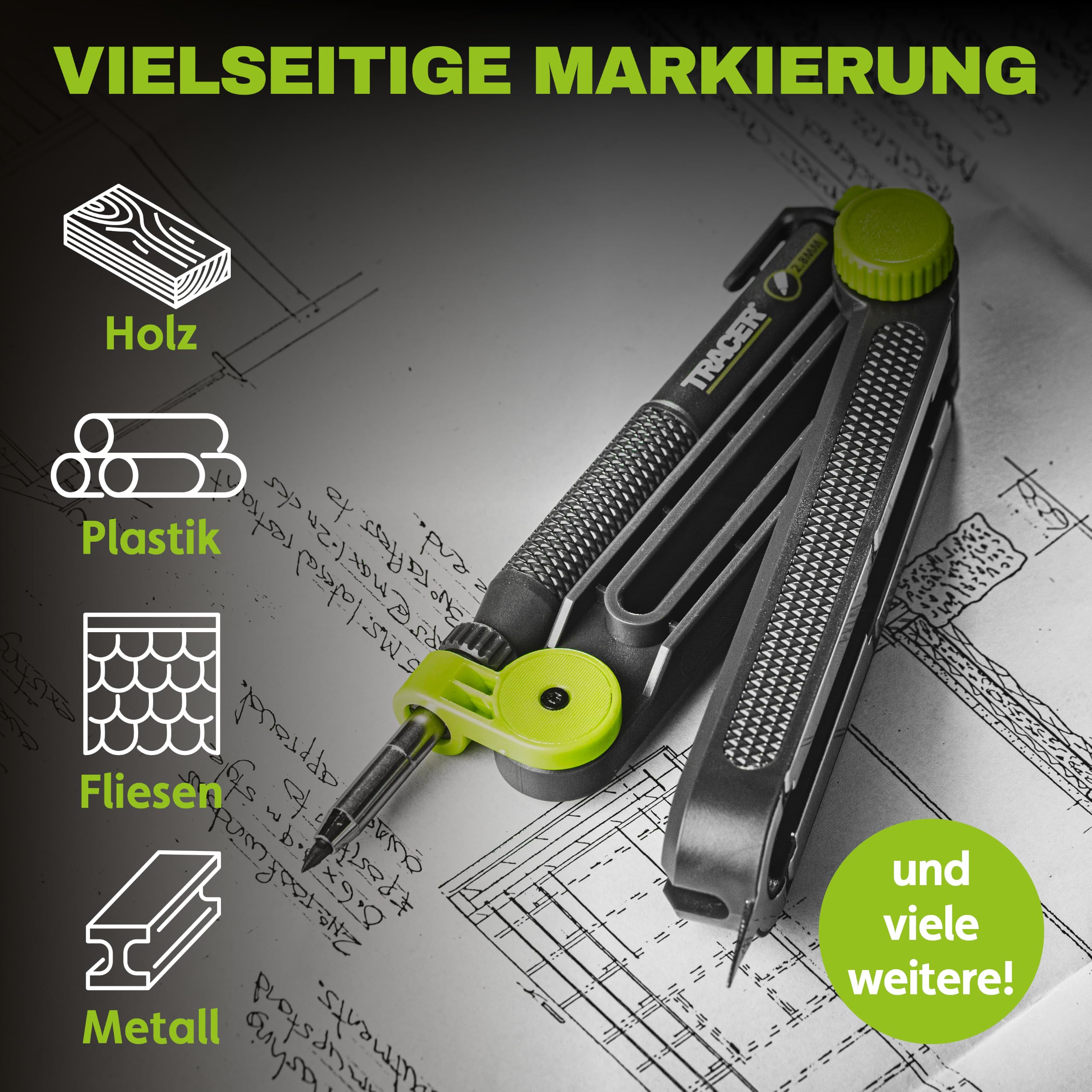 TRACER TrueScribe Anreißwerkzeug Set mit Zimmermannsbleistift, Tieflochmarker Bleistift, 12 Minen & Etui – Präzises Scribe‑Tool für Profis