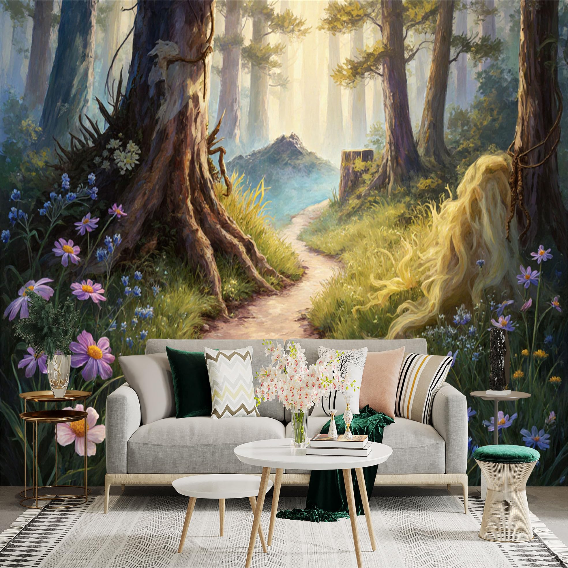 Lnzczhyre Xc260505763 Custom Size Wall Sticker Mural， Enchanted Forest Path， Golden Sunlight In Woods， Wildflowers By Stream， Nature Landscape Art， For Wall Decoration， Peelandstick Wall Decals.