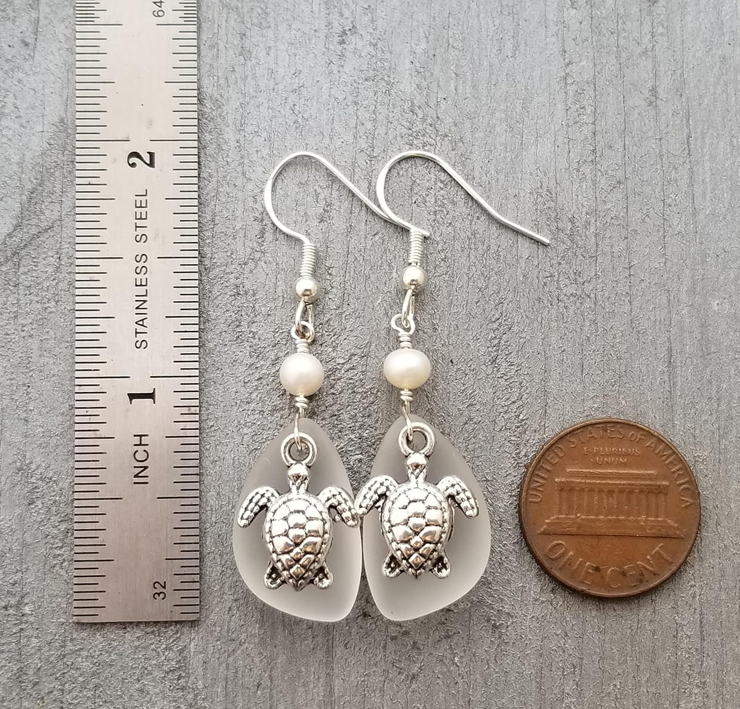 Handmade "Twin Turtles" Crystal sea glass earrings, "April Birthstone ", Natural pearls, (Hawaii Gift Wrapped, Turtle earrings
