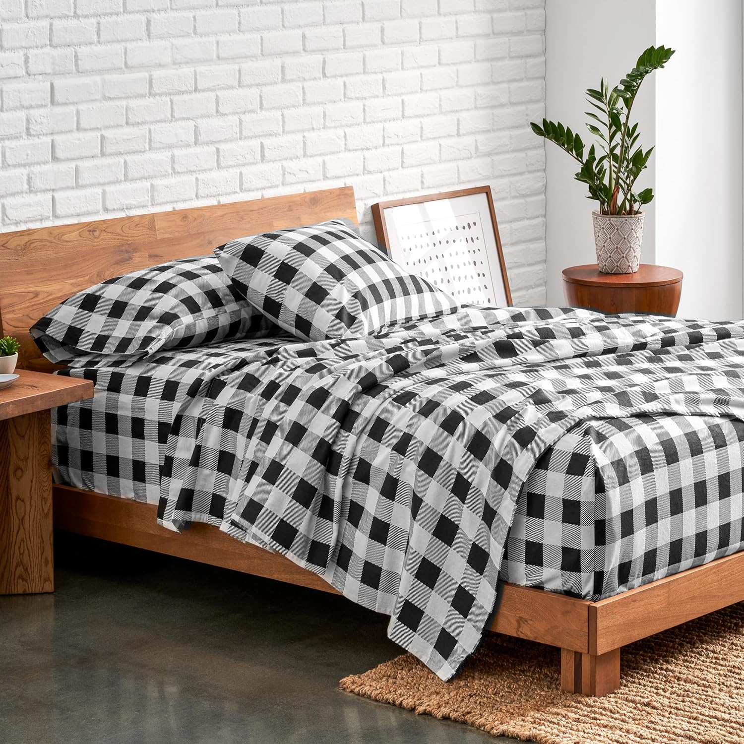 Bare Home Cotton Flannel Sheet Set Prints, 100% Cotton, Velvety Soft Heavyweight - Double Brushed for Softness & Comfort - Deep Pocket - Bed Sheet (Cal King, Buffalo Plaid - White/Black) - Image 2
