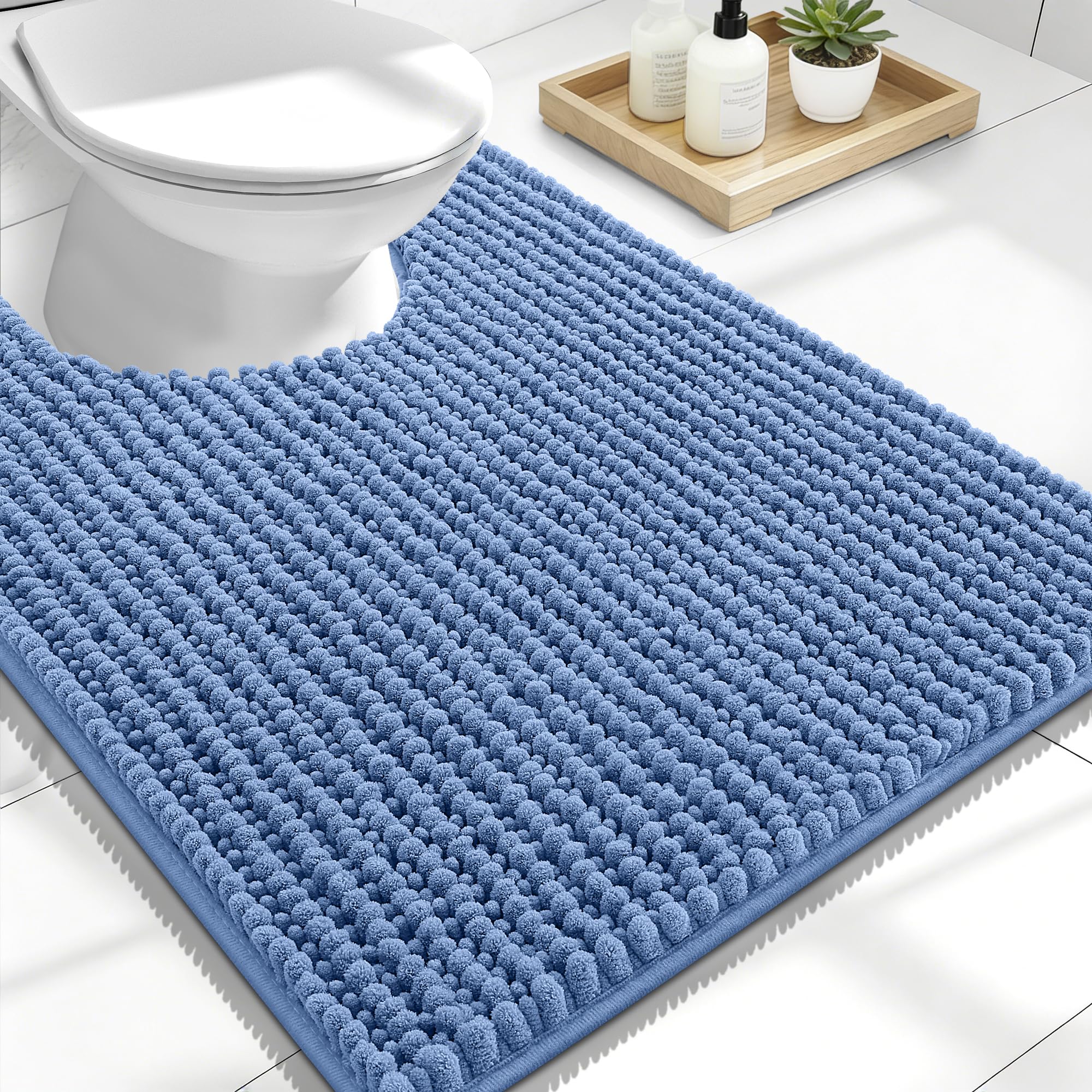 OLANLY Thick Chenille Toilet Rugs U-Shaped 24x20, Cornflower Blue