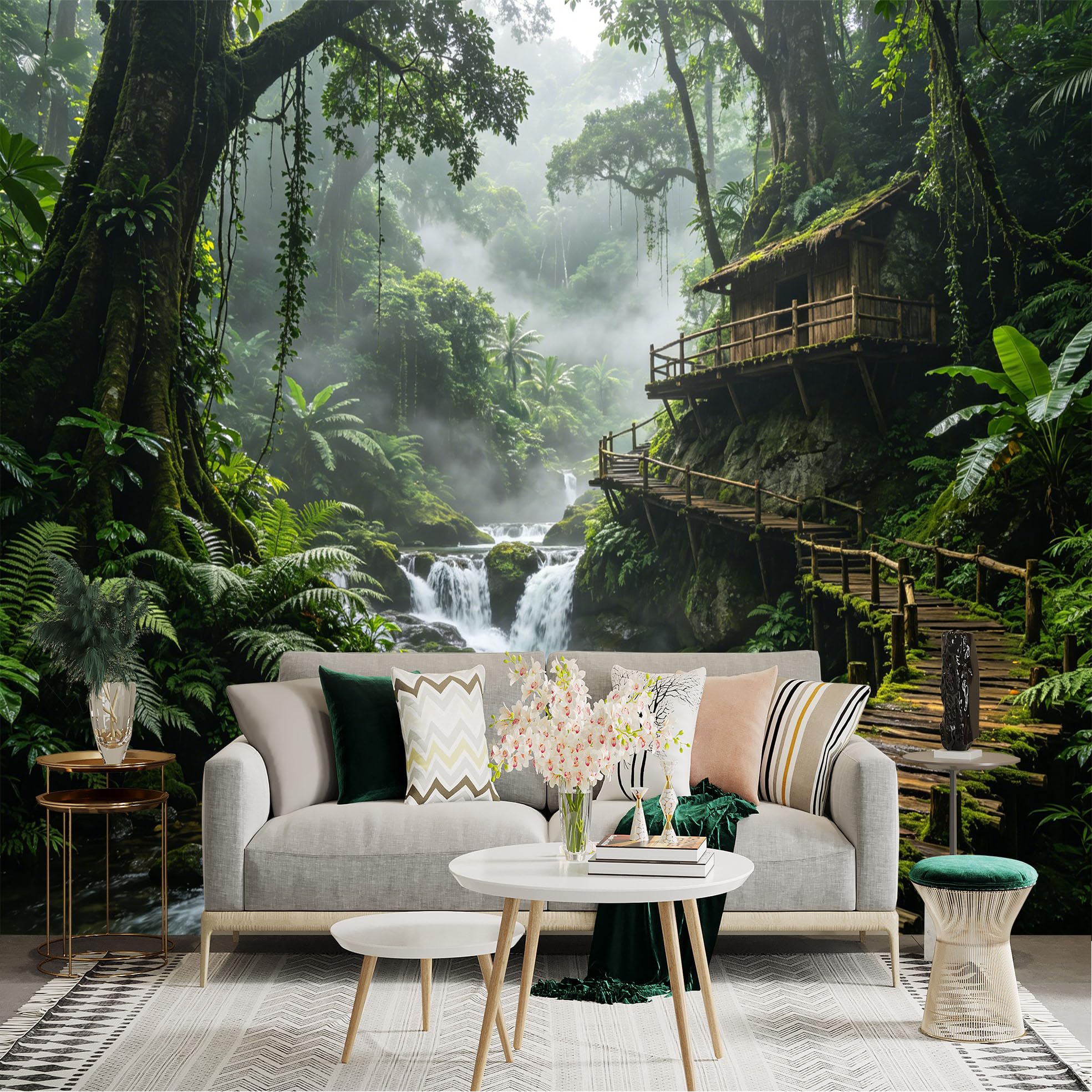 Custom Size Wall Sticker Mural， Tropical Rainforest with Wooden Bridge， Waterfall and Jungle Cabin， for wall Decoration， peelandstick wall Decals.