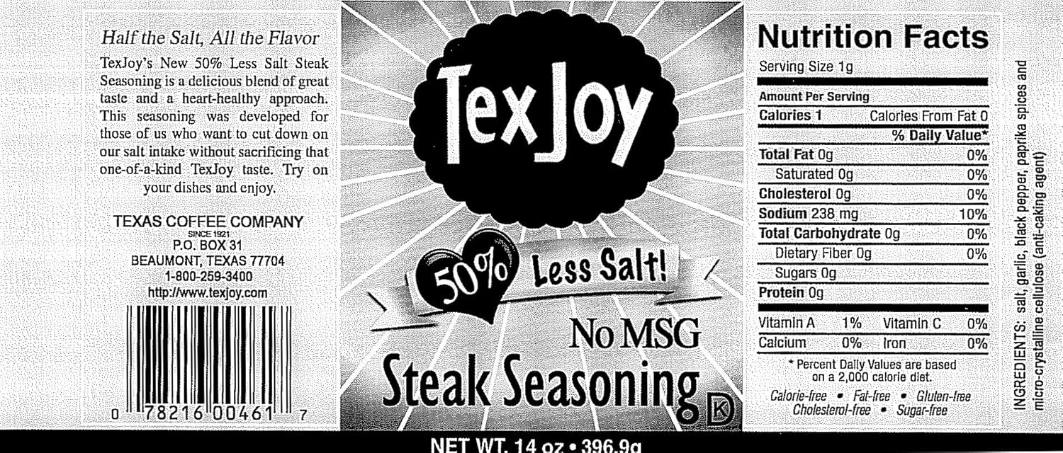 Texjoy Steak Seasoning 50% Less Salt & No MSG, 14oz (2 Pack)