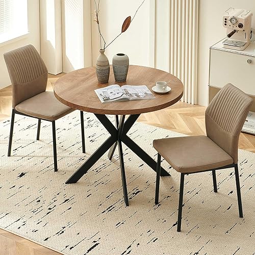 Miniatura 32 de Juego de mesa de comedor para 4, mesa de comedor rectangular irregular de madera moderna, sillas de comedor de cuero, 4 mesas y sillas, juego de 4