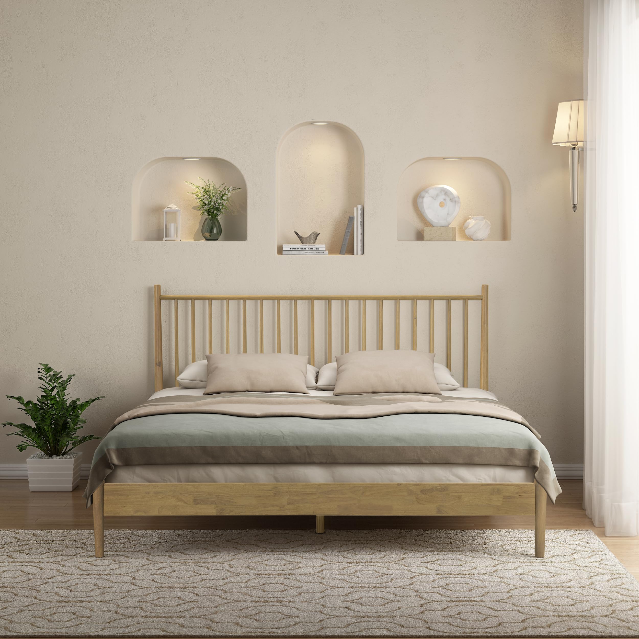 NTC Inno Wooden Bed Frame with Headboard, Solid Oak and Rubber Wood Foundation with Silent Slats and Wood Central Supports, 1000 Lb Capacity,