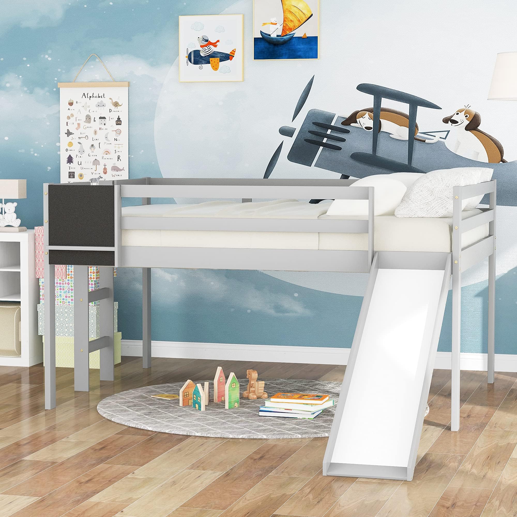 GLCHQ Multifunctional Design Solid Wood Full Kids Loft Bed with Slide for Boys & Girls Bedroom (Gray-Full Size)