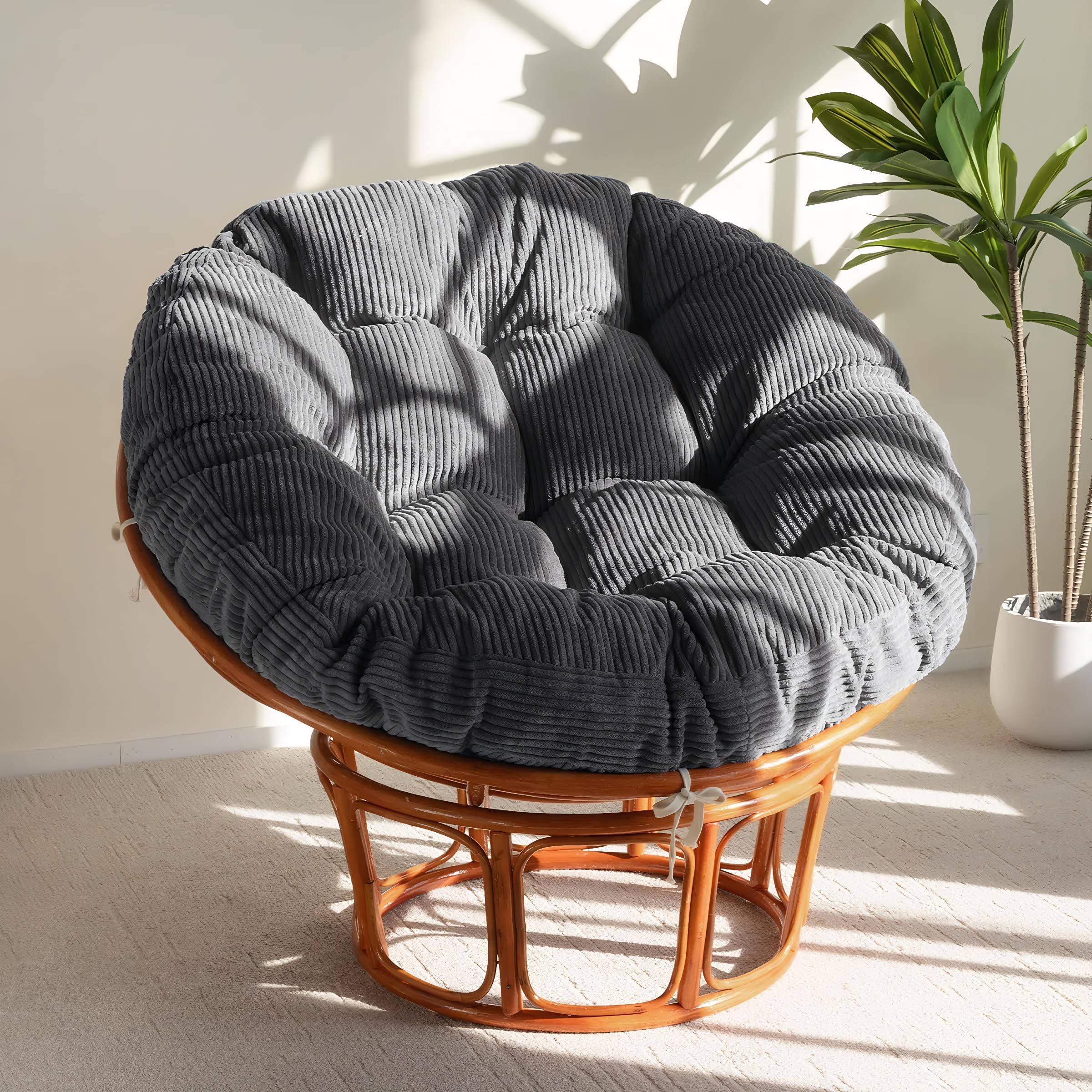 LiveGo Fluffy Corduroy Papasan Chair Cushion, Large Round Floor Cushion for Bowl Chair, Thickened Shredded Foam Filling, Tufted Design for Comfort, 120 x 100 cm (Dark Gray B)