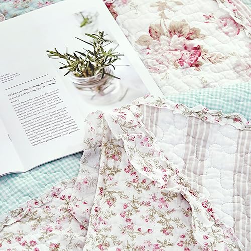 Miniatura 5 de DaDalogy - Manta de retazos de algodón, diseño floral, reversible, con un toque de menta, delicada, shabby chic, floreciente botánica, con volantes,