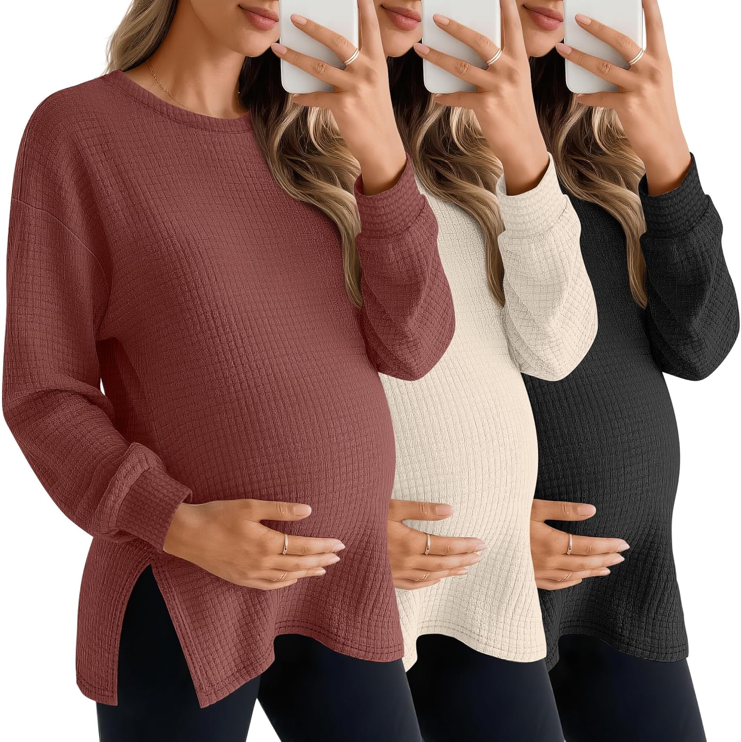 3 Pack Women's Maternity Shirts Long Sleeve Waffle Knit Side Split Oversized Tops Pregnancy Clothes Fall Tees