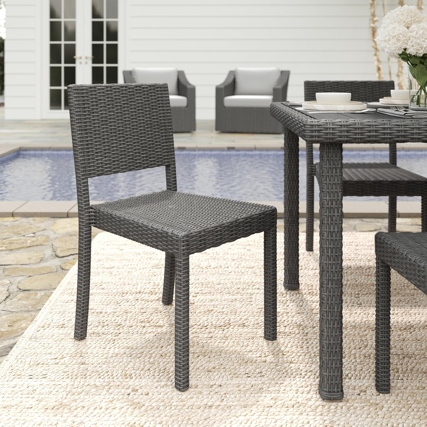 Martha Stewart Bedford Indoor-Outdoor Stackable Patio Chairs with Rattan Wicker Finish in Gray, Set of 2