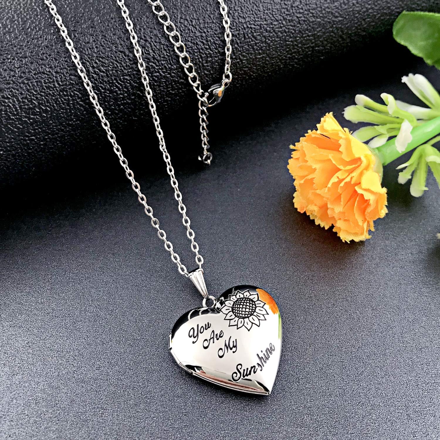 YOUFENG You are My Sunshine Necklace Sunflower Locket Necklace that Holds Pictures Heart Locket Pendant Gifts for Her - Image 3