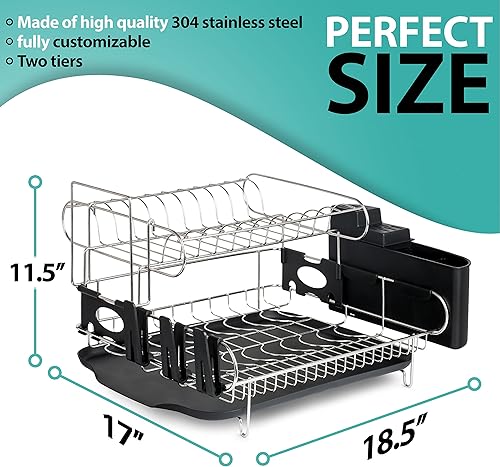 Miniatura 5 de Escurridor de platos verde de 2 niveles y juego de escurridor, soporte para tabla de cortar. Acero inoxidable 304 para encimera o sobre el