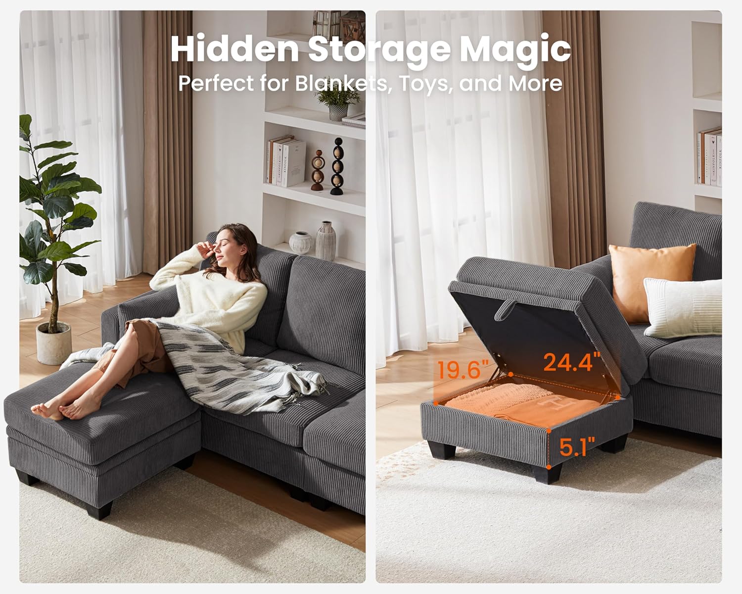 CHIC HOUSE Middle Module for Modular Couch, Corduroy Customizable Chaise, Storage Ottoman for Sectional Sofa, Armrest, Single/Double Seater