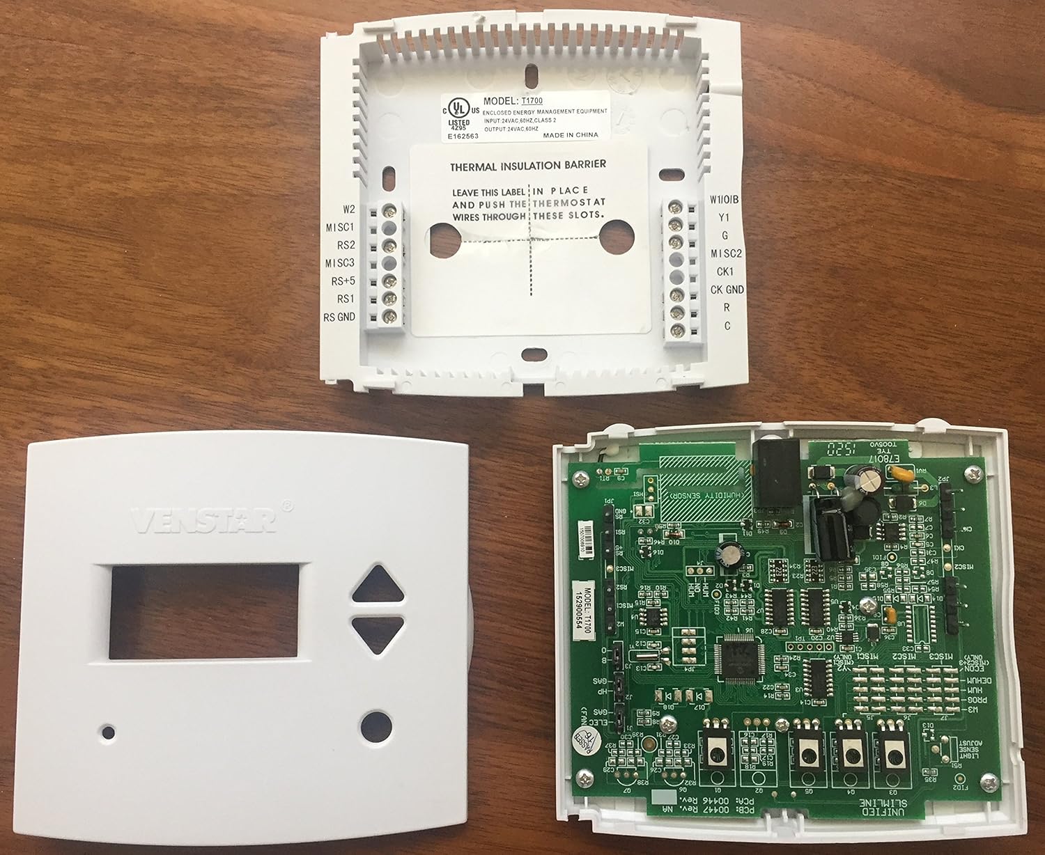 Indre view of the Venstar Platinum Slimline Thermostat showing wiring terminals