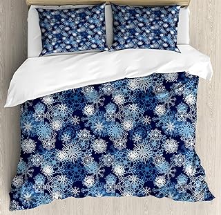 Ambesonne Winter Duvet Cover Set, Various Different Ornate Snowflakes Blizzard Cold Season Xmas Themed, Decorative 3 Piece Bedding Set with 2 Pillow Shams, Queen Size, Pale Blue Dark Blue