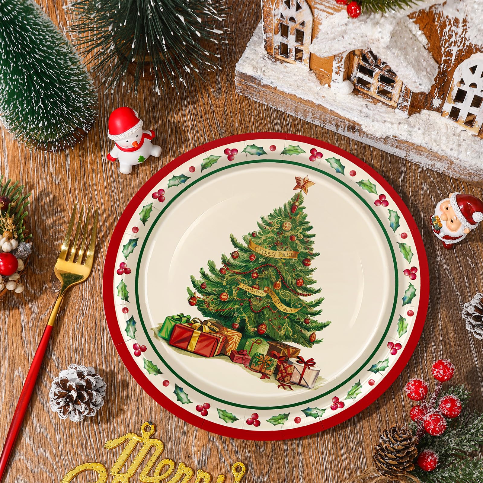 JarThenaAMCS 50 platos de papel de Navidad de 9 pulgadas, platos desechables vintage para árbol de Navidad, platos desechables para Navidad, fiesta de invierno, suministros de vajilla