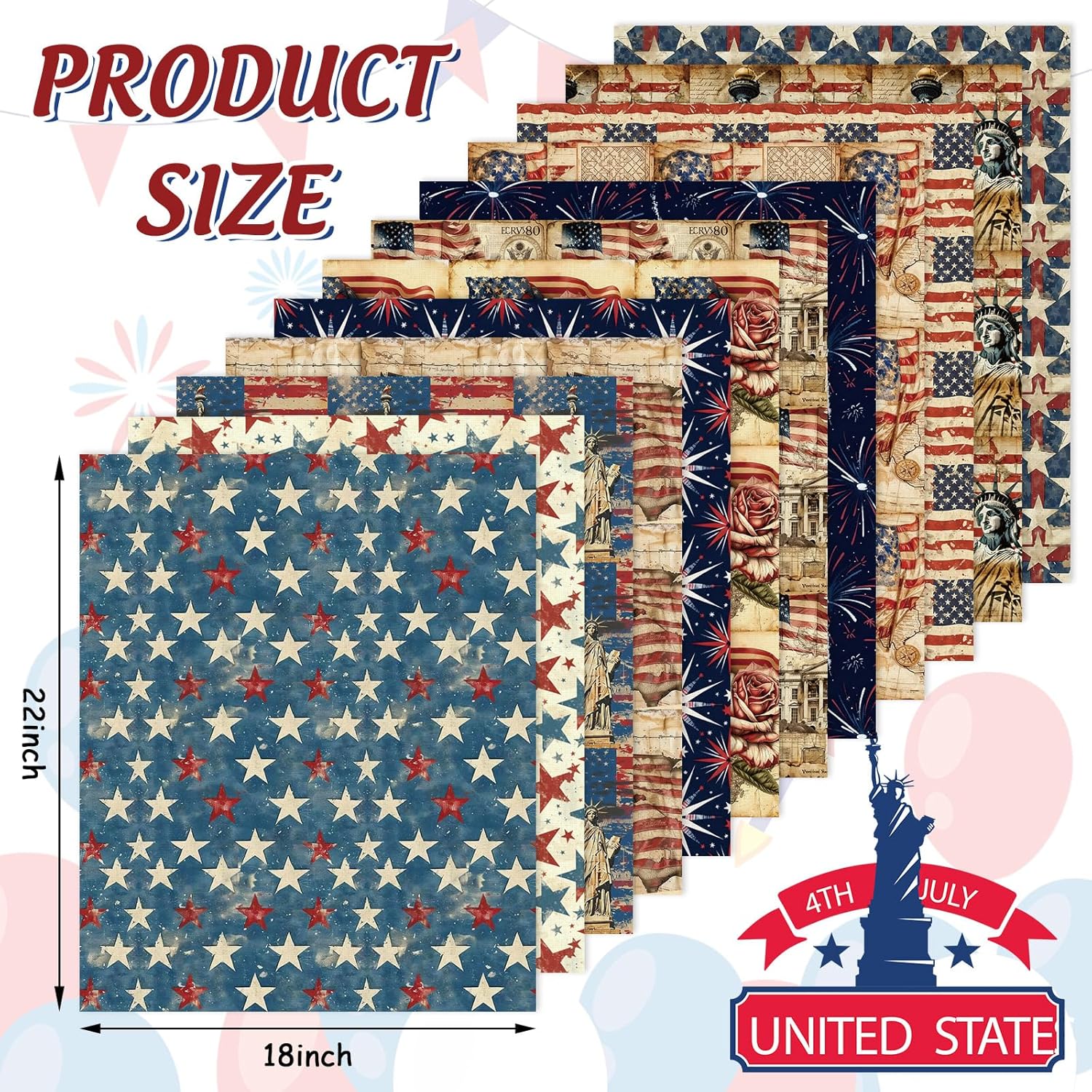 Whaline 12Pcs Patriotic Cotton Fabric Bundles Fat Quarters Vintage 4th of July Star Firework American Flag Sewing Fabrics for Independence Day DIY Craft Party Decor, 18 x 22 Inch