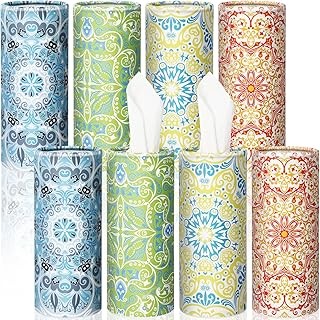 8 Pcs Car Tissues Cylinder Tissues Holder Boxes with 400 Facial Tissues Boho Mandala Car Tissue Holders Tissues Box for Car Round Tissue Tubes for Cup Holder Home Office Travel, 4 Styles