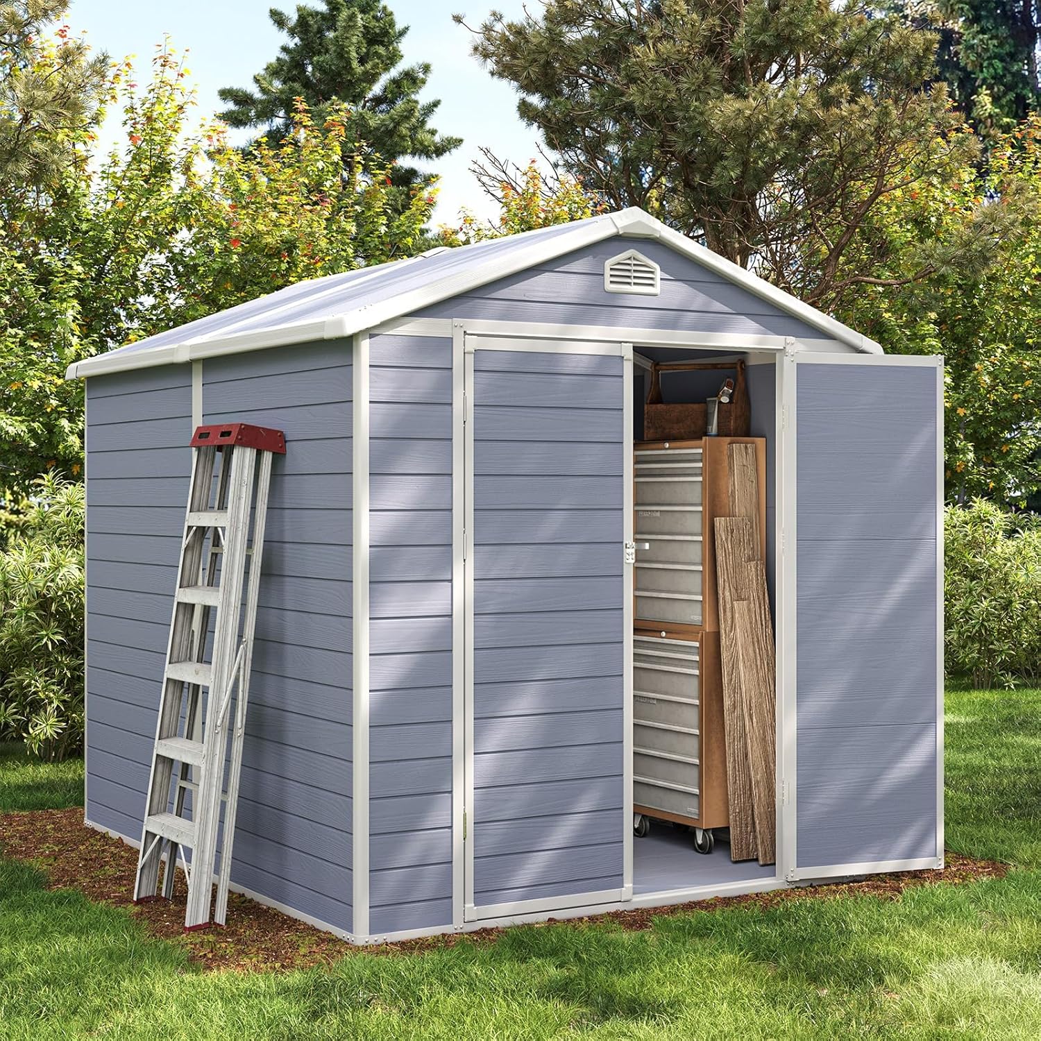Aoxun 8 x 6 FT Outdoor Storage Shed with Window, Resin Shed with Floor & Lockable Doors, Garden Shed Waterproof Plastic Tool Shed with Sloped Roof for Backyard, Garden, Patio, Lawn, Grey