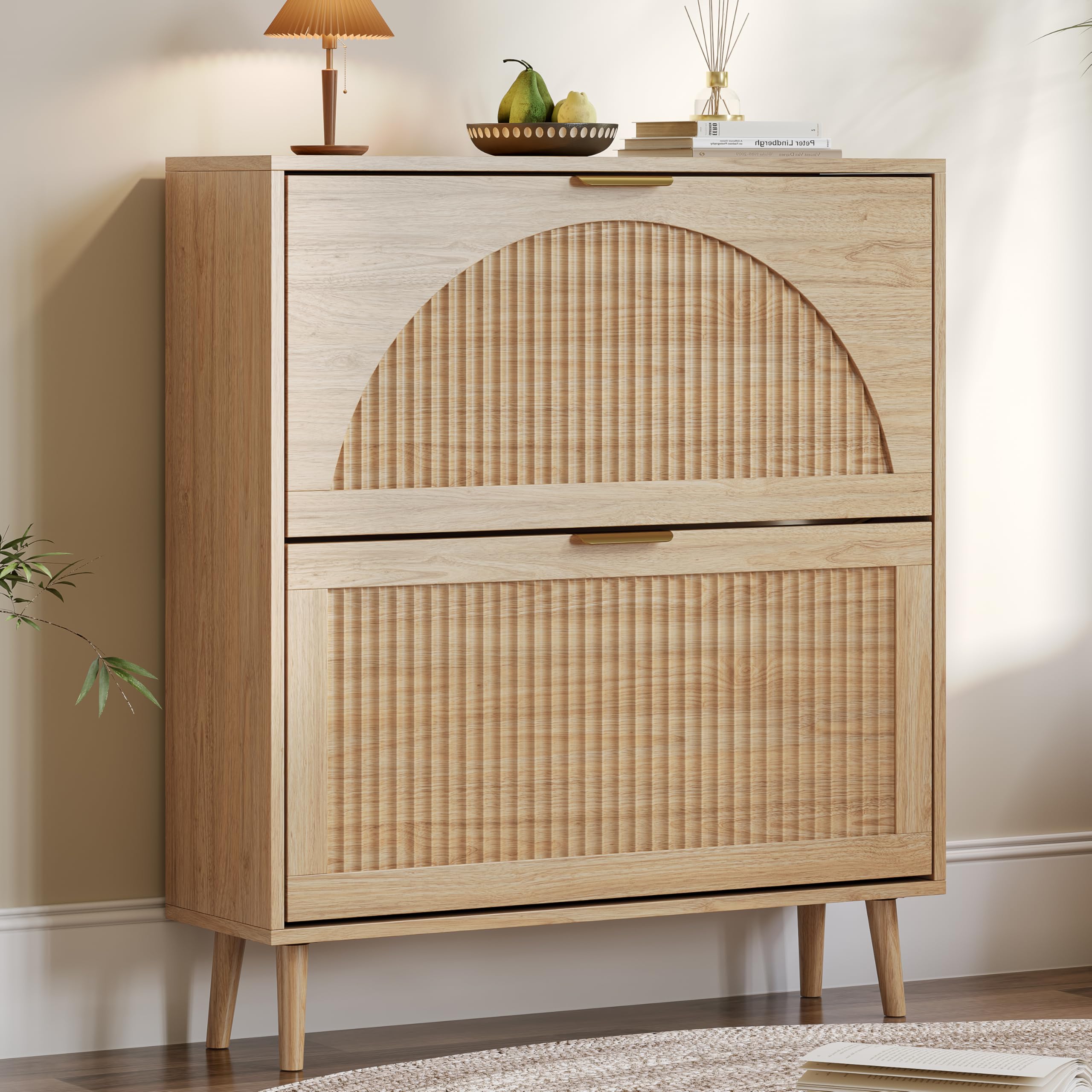 Shoe Cabinet for Entryway with 2 Flip Drawers, Slim Wooden Shoe Storage Organizer with Modern Fluted Pannel,Freestanding Narrow Hidden Shoe Rack for Hallway, Foyer, Living Room