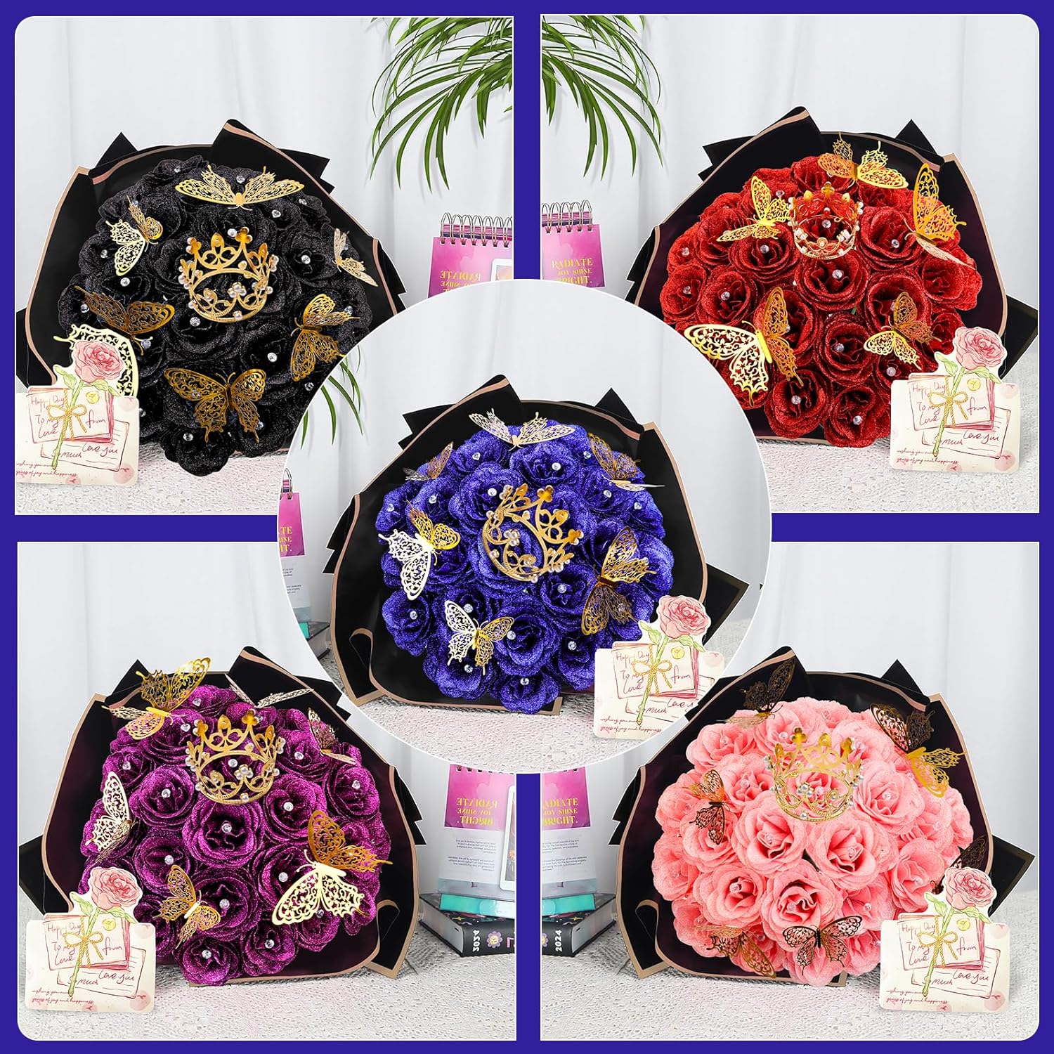 28 Blue Glitter Roses Bouquet - Artificial Flowers Bouquet with Diomand Pins,Blue Roses DIY Fake Flower Bouquet Kit - Sparkling Flower Arrangement for Valentine’s Day,Anniversary,Weddings Engagement - Image 6