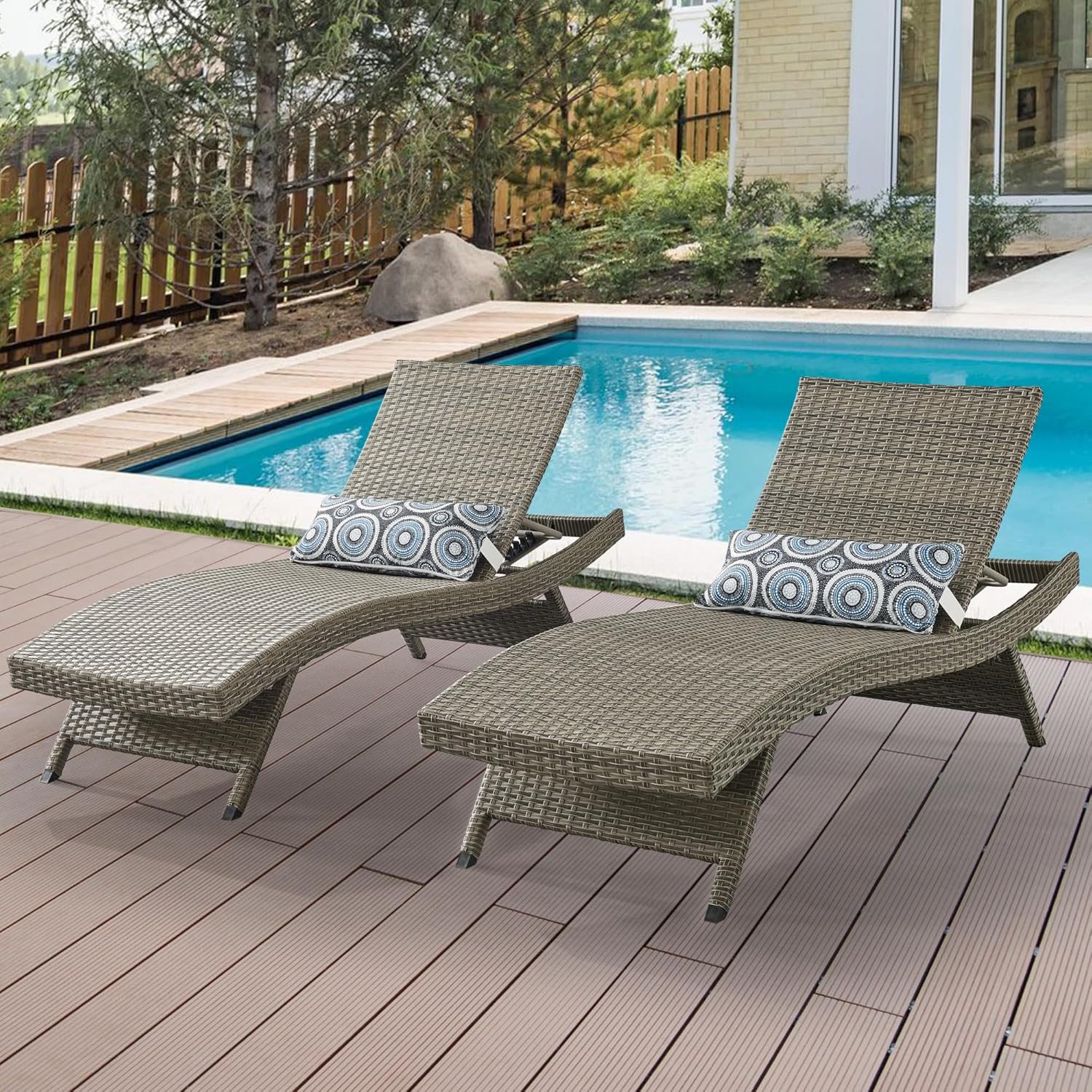 Outdoor Wicker Reclining Lounge Chair, 79" Rattan Patio Chaise Lounges for Poolside, Garden, Backyard, Set of 2, Adjustable Backrest, Beach Sunbathing Chairs, Multi-Gray